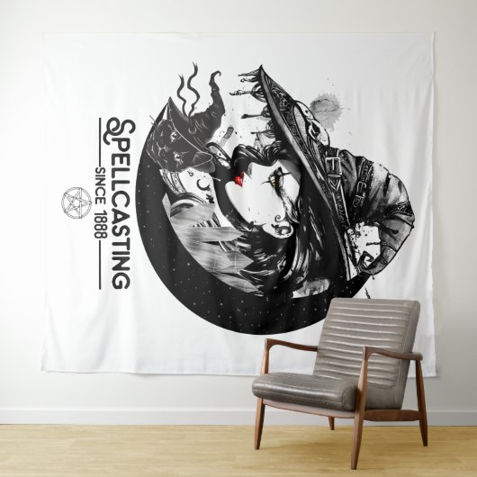 かわいい魔女と黒猫 ウィッカ ウィカ 呪文を唱える タペストリー (インサイチュ(横))