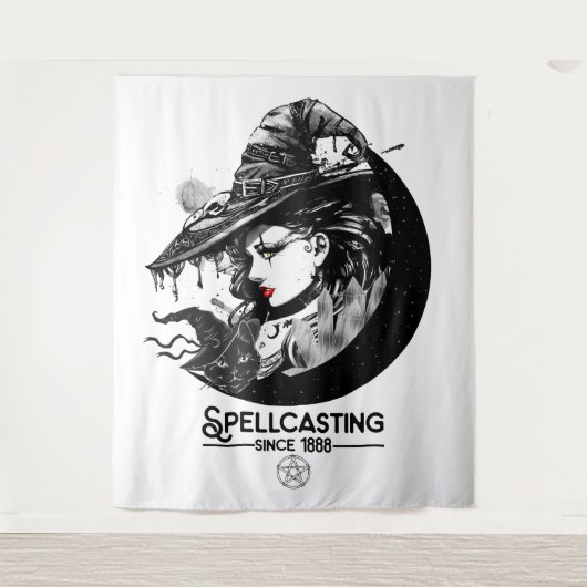 かわいい魔女と黒猫 ウィッカ ウィカ 呪文を唱える タペストリー (正面)