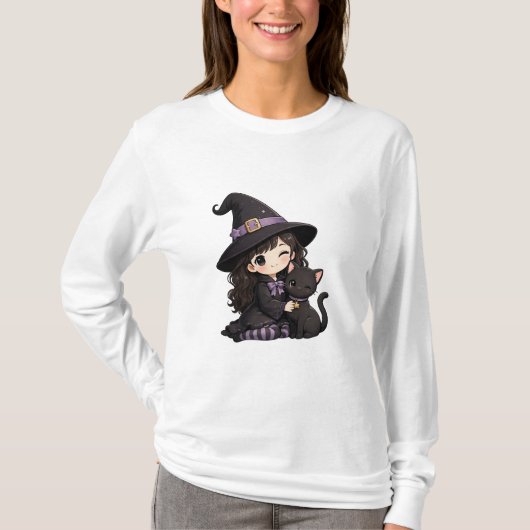 かわいい魔女と黒猫 Tシャツ (正面)