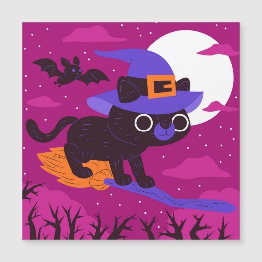かわいい魔女ねこがほうきに乗って飛ぶ ハロウィン かわいい (正面)