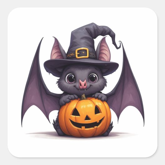 かわいい魔女のコウモリとカボチャのハロウィン🎃 スクエアシール (正面)