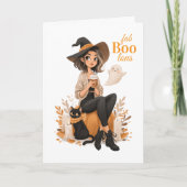 かわいい魔女のコーヒー猫とカボチャのハロウィン カード (正面)