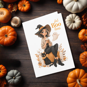 かわいい魔女のコーヒー猫とカボチャのハロウィン カード