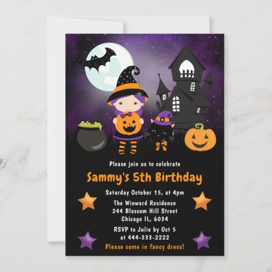 かわいい魔女のハロウィンシーン誕生日パーティー 招待状 (正面)