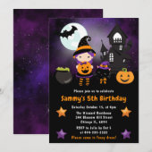 かわいい魔女のハロウィンシーン誕生日パーティー 招待状 (正面/裏面)