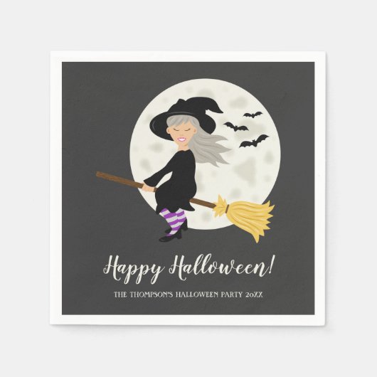 かわいい魔女のハロウィンパーティー箒飛行 スタンダードカクテルナプキン (正面)