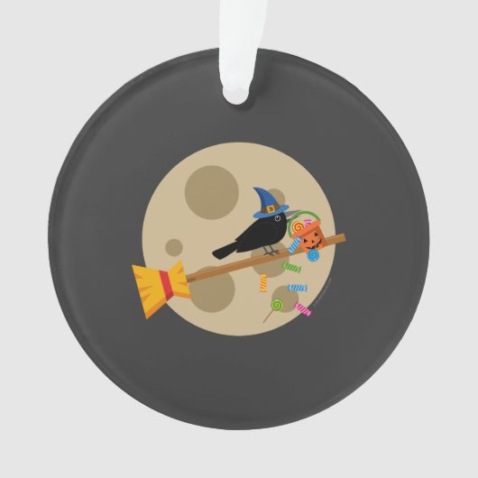 かわいい魔女のハロウィン　ほうきに乗ったカラスがお菓子をまく オーナメント (正面)