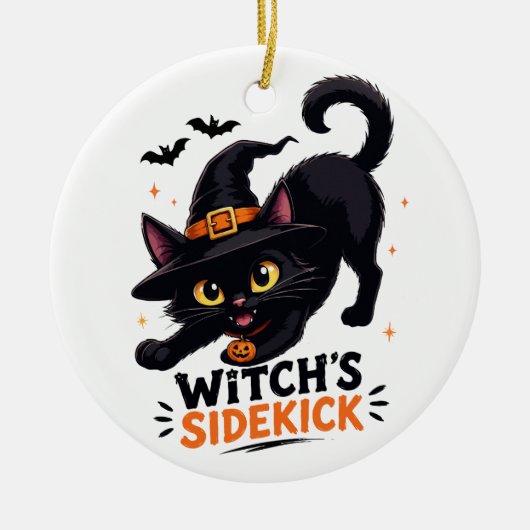 かわいい魔女の使い魔 黒猫 ハロウィン セラミックオーナメント (正面)