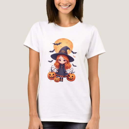 かわいい魔女の女の子とカボチャとコウモリ Tシャツ (正面)