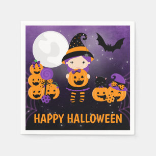 かわいい魔女の女の子とカボチャ ハッピー ハロウィン スタンダードカクテルナプキン