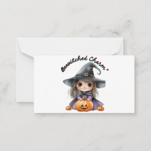 かわいい魔女の女の子のハロウィン飾り - かぼちゃ付き ノートカード