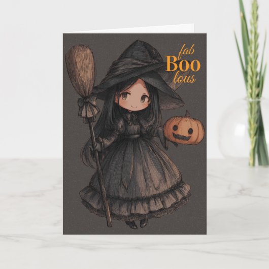 かわいい魔女の女の子の箒&カボチャの子供ハロウィーン カード (正面)