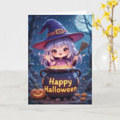 かわいい魔女の女の子ハロウィンお洒落 カード (黄色い花)