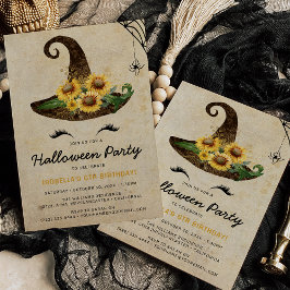 かわいい魔女の女の子ハロウィンキッズイエロー誕生日 招待状