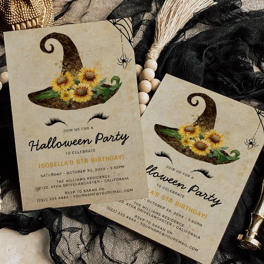 かわいい魔女の女の子ハロウィンキッズイエロー誕生日 招待状