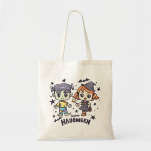 かわいい魔女の子といたずら好きなゾンビ少年 トートバッグ