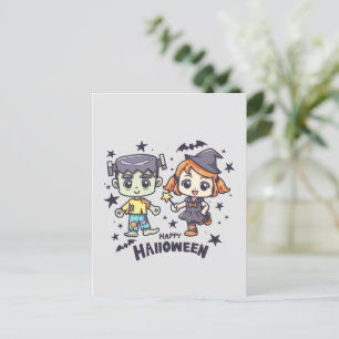かわいい魔女の子といたずら好きなゾンビ少年 ポストカード