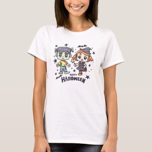 かわいい魔女の子といたずら好きなゾンビ少年 Tシャツ (正面)