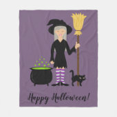 かわいい魔女の子と猫のハッピーハローウィン文字 フリースブランケット (正面)