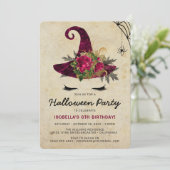 かわいい魔女の子ハロウィンキッズバーガンディ誕生日 招待状 (スタンド正面)