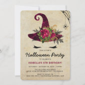 かわいい魔女の子ハロウィンキッズバーガンディ誕生日 招待状 (正面)