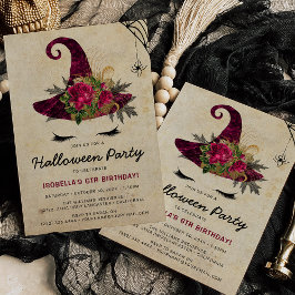 かわいい魔女の子ハロウィンキッズバーガンディ誕生日 招待状