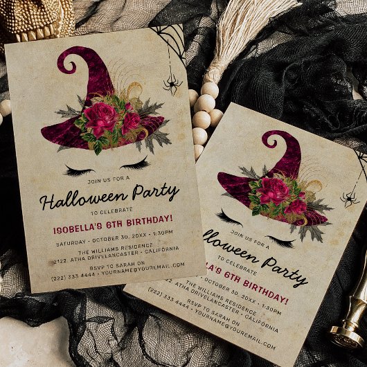 かわいい魔女の子ハロウィンキッズバーガンディ誕生日 招待状