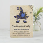 かわいい魔女の子ハロウィンキッズブルー誕生日 招待状 (スタンド正面)