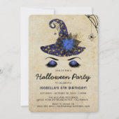 かわいい魔女の子ハロウィンキッズブルー誕生日 招待状 (正面)