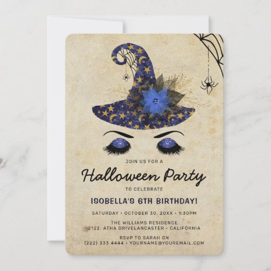 かわいい魔女の子ハロウィンキッズブルー誕生日 招待状 (正面)