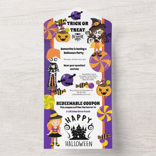 かわいい魔女の子供たちのハロウィン割引券パーティー オールインワン招待状 (内側)