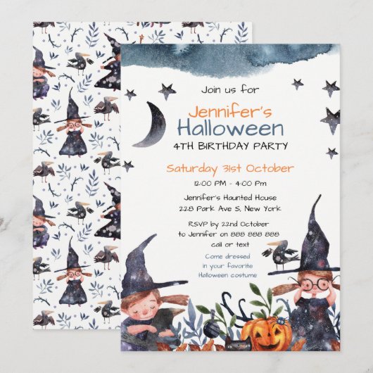 かわいい魔女の子供の誕生日ハロウィン招待状 招待状 (正面/裏面)