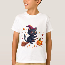 かわいい魔女の子猫のほうき乗りハロウィン Tシャツ