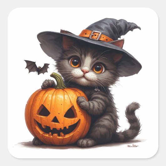 かわいい魔女の帽子の子猫とカボチャ 🎃 スクエアシール (正面)