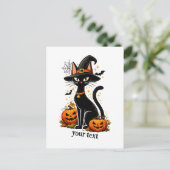 かわいい魔女の帽子の黒猫とカボチャのハロウィン ポストカード (スタンド正面)