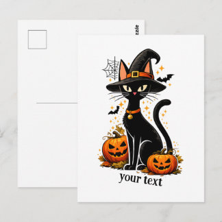 かわいい魔女の帽子の黒猫とカボチャのハロウィン ポストカード