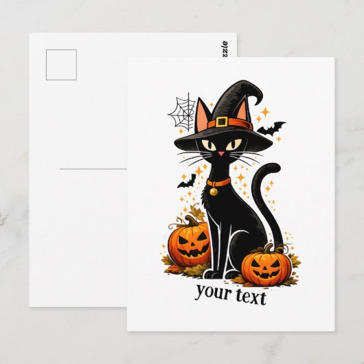 かわいい魔女の帽子の黒猫とカボチャのハロウィン ポストカード (正面/裏面)