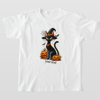 かわいい魔女の帽子の黒猫とカボチャのハロウィン Tシャツ