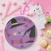かわいい魔女の帽子 ハロウィンパーティーパターン 紫 ペーパープレート (パーティー)