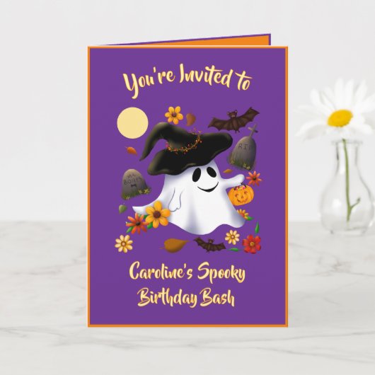 かわいい魔女の幽霊がトリック・オア・トリートする墓地 カード (小さな植物)