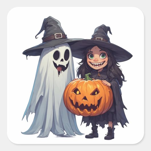 かわいい魔女の幽霊のかぼちゃ ハロウィン スクエアシール (正面)