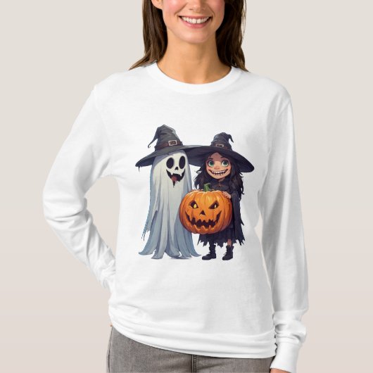 かわいい魔女の幽霊のかぼちゃ ハロウィン Tシャツ (正面)