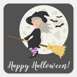 かわいい魔女の飛行とハッピーハロウィンのテキスト スクエアシール