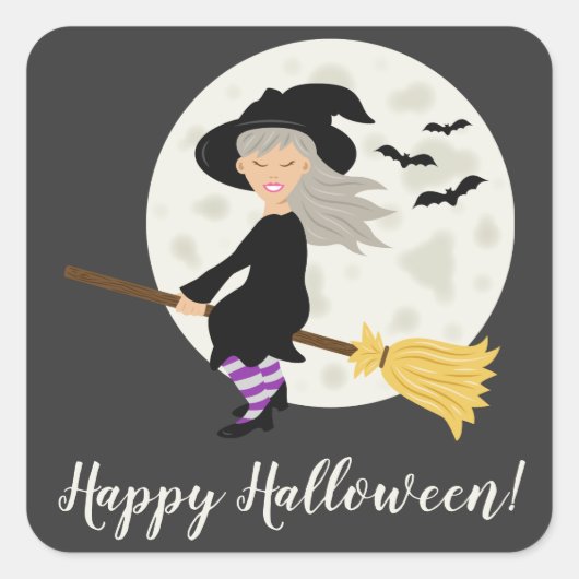 かわいい魔女の飛行とハッピーハロウィンのテキスト スクエアシール (正面)