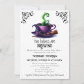 かわいい魔女コーヒーカップハロウィーン双子ベビーシャワー 招待状 (正面)