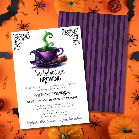 かわいい魔女コーヒーカップ ハロウィンツインズベビーシャワー 招待状
