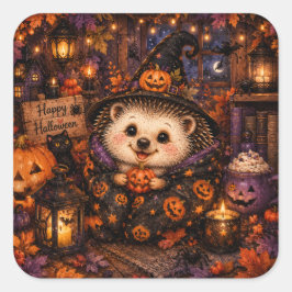 かわいい魔女ハリネズミ ハッピーハロウィン かわいいカボチャ スクエアシール