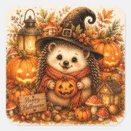 かわいい魔女ハリネズミ ハッピー ハロウィン パンプキン スクエアシール