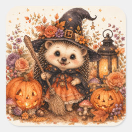 かわいい魔女ハリネズミ ハロウィン ほうき パンプキン スクエアシール