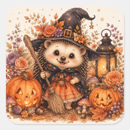 かわいい魔女ハリネズミ ハロウィン ほうき パンプキン スクエアシール (正面)